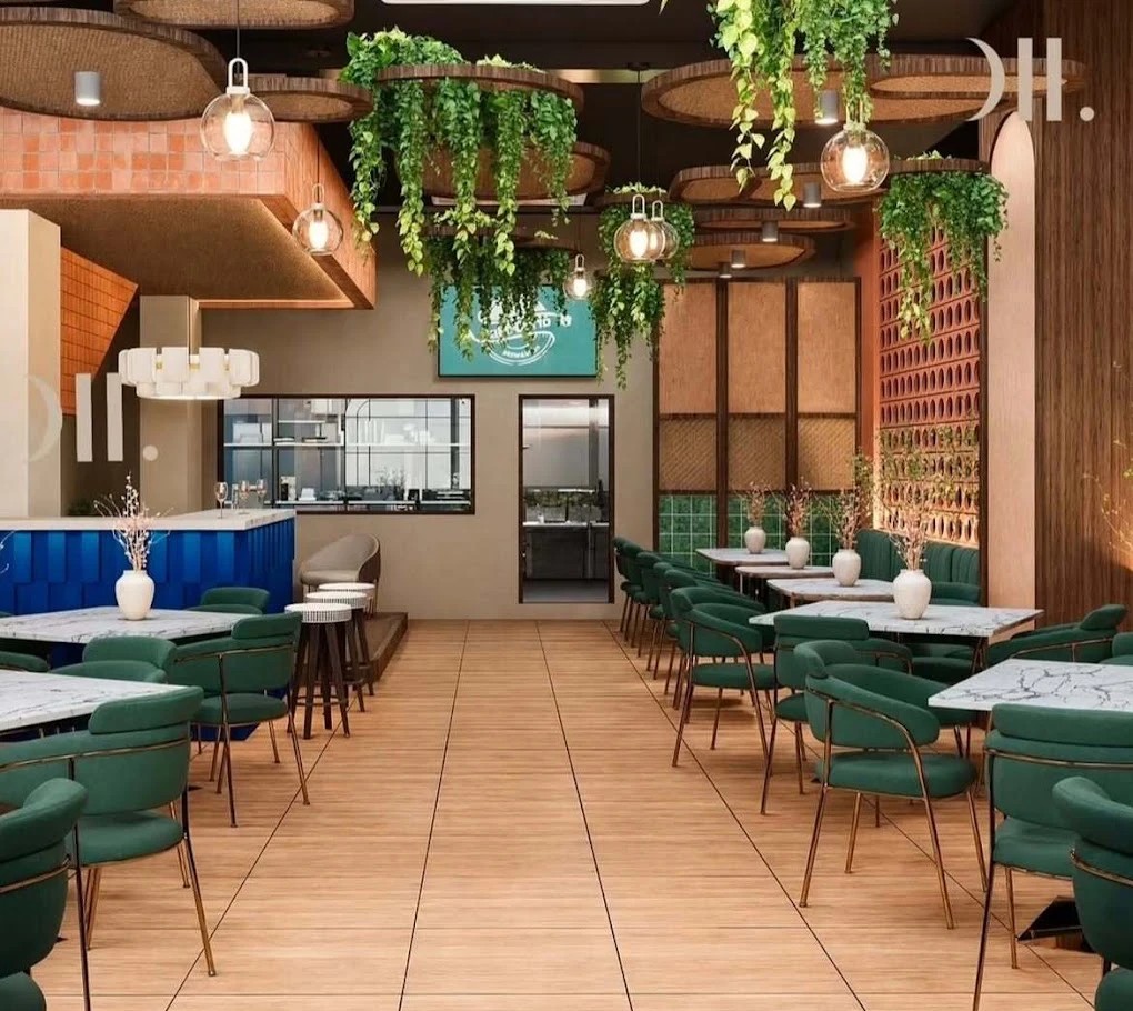 Café interior with hanging planters